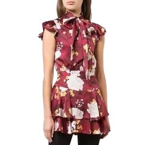 NWOT ALICE + OLIVIA Dress 0 Red Silk Tie Short Sleeve Tiered Floral “Lashay”